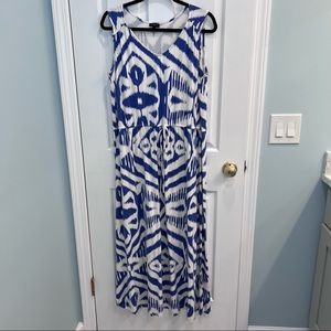 Talbots 1X sleeveless blue and white ikat style patterned maxi dress